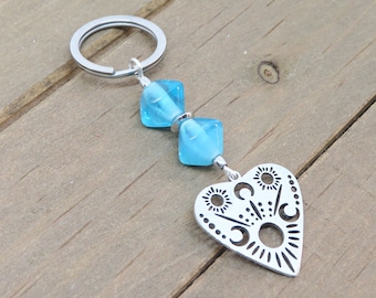 Teal Celestial Keychain: Moon & Sun Heart Charm, Stocking Stuffer