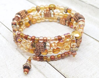 Copper and Honey Memory Wire Bracelet, Beaded Wrap Bracelet, Elegant Statement Bracelet, Boho Chic Bracelet
