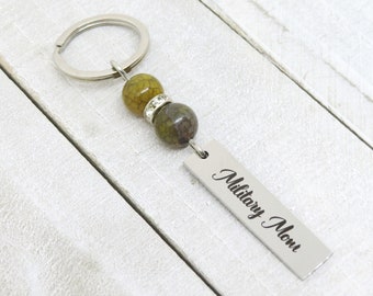 Military Mom Keychain, Agate Gemstone Key Ring, Armed Forces Gift