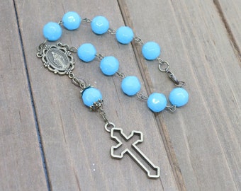 Car Travel Rosary, Blue Auto Rosary, Rear View Mirror Ornament, One Decade Prayer Beads, Travel Protection, Religious Gift, Pocket Chaplet