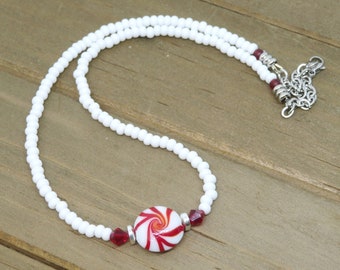 Red and White Christmas Choker Necklace, Holiday Peppermint Candy Necklace, Winter Jewelry
