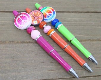 Peace Sign Beaded Pen: Fancy Bling Writing Pen