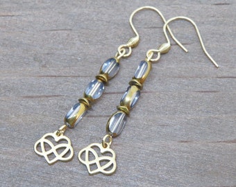 Gold Infinity Heart Earrings, Czech Glass Bead Earrings, Romantic Jewelry, Sweetheart Dangle Earrings, Valentine's Day Gift