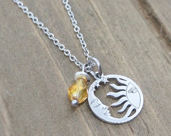 Celestial Necklace: Stainless Steel Sun and Moon Charm, Citrine Teardrop