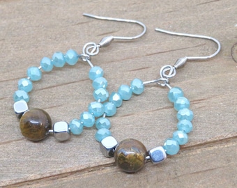 Hoop Earrings, Teal and Brown Tiger's Eye Beaded Hoop Earrings, Stainless Steel Earrings, Unique Earrings