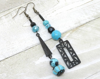 Art Deco Turquoise Black Earrings: Asymmetrical Dangle Earrings