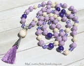 Purple Jade Handknotted Necklace, Boho Hand Knotted Tassel Necklace, Lilac and Cream Tassel Pendant Necklace, Bohemian Style Tassel Necklace