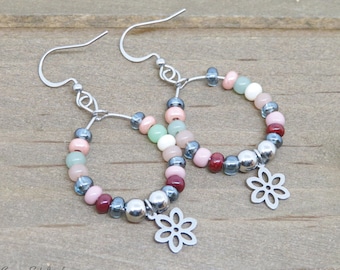 Colorful Flower Hoop Earrings, Beaded Hoop Earrings, Stainless Steel Earrings, Mother's Day Gift, Spring Summer Fashion