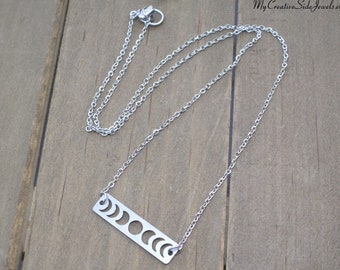 Stainless Steel Phases of the Moon Bar Necklace: Minimalist Boho Jewelry