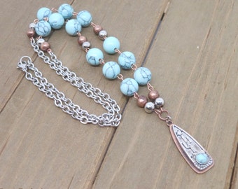 Cactus Pendant Necklace: Turquoise Howlite, Mixed Metal Desert Jewelry