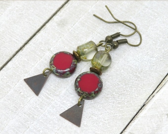 Red Boho Chic Earrings, Czech Glass Bead Earrings, Geometric Dangle Earrings, Unique Dangle Earrings