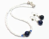 Blue and White Boho Choker, Blue Lapis Lazuli Choker Necklace, Bohemian Style Gemstone Necklace, Short Necklace, Boho Style Necklace