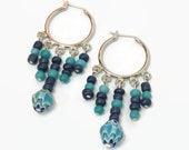 Blue Boho Hoop Earrings, Chevron Glass Bead Earrings, Indian Glass Bead Earrings, Bohemian Style Hoop Earrings,  Beaded Hoop Earrings