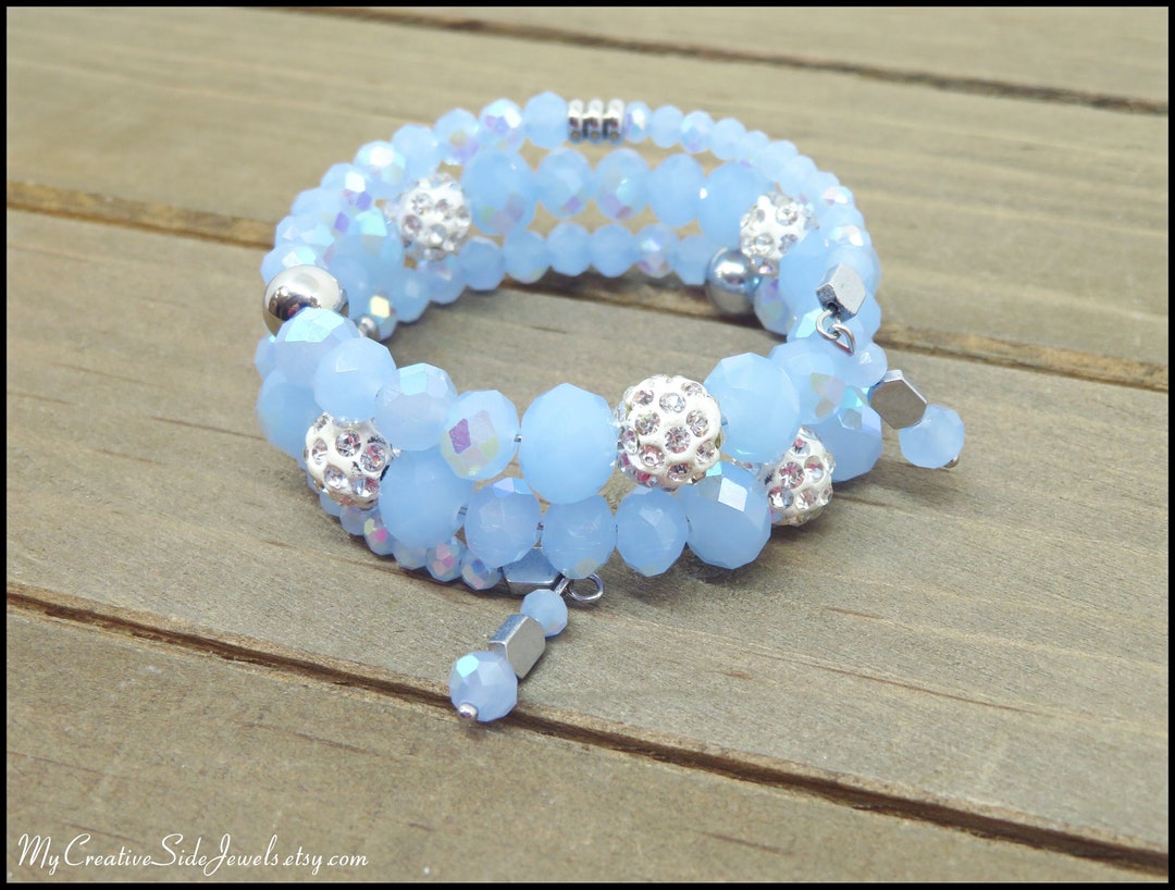 Baby Blue Memory Wire Bracelet Beaded Wrap Bracelet Elegant - Etsy