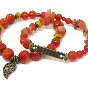 Stackable Orange Agate Gemstone Bracelet Set, Peace Bracelet, Word ...