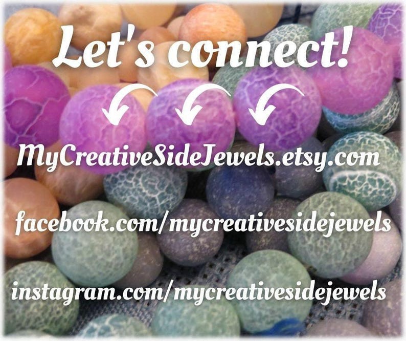 May include: A collection of round, crackle-textured beads in shades of purple, blue, green, and orange. White text overlays the image reading Let's connect! MyCreativeSideJewels.etsy.com, facebook.com/mycreativesidejewels, and instagram.com/mycreativesidejewels.