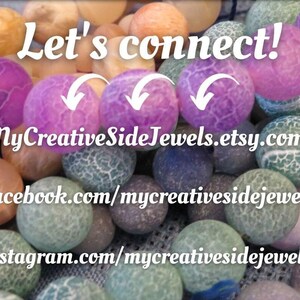 May include: A close-up of a variety of agate beads in shades of purple, green, and brown. The beads are arranged in a circular pattern, with the text "Let's connect!" and "MyCreativeSideJewels.etsy.com" visible in the centre. The image also includes the text "facebook.com/mycreativesidejewels" and "instagram.com/mycreativesidejewels".
