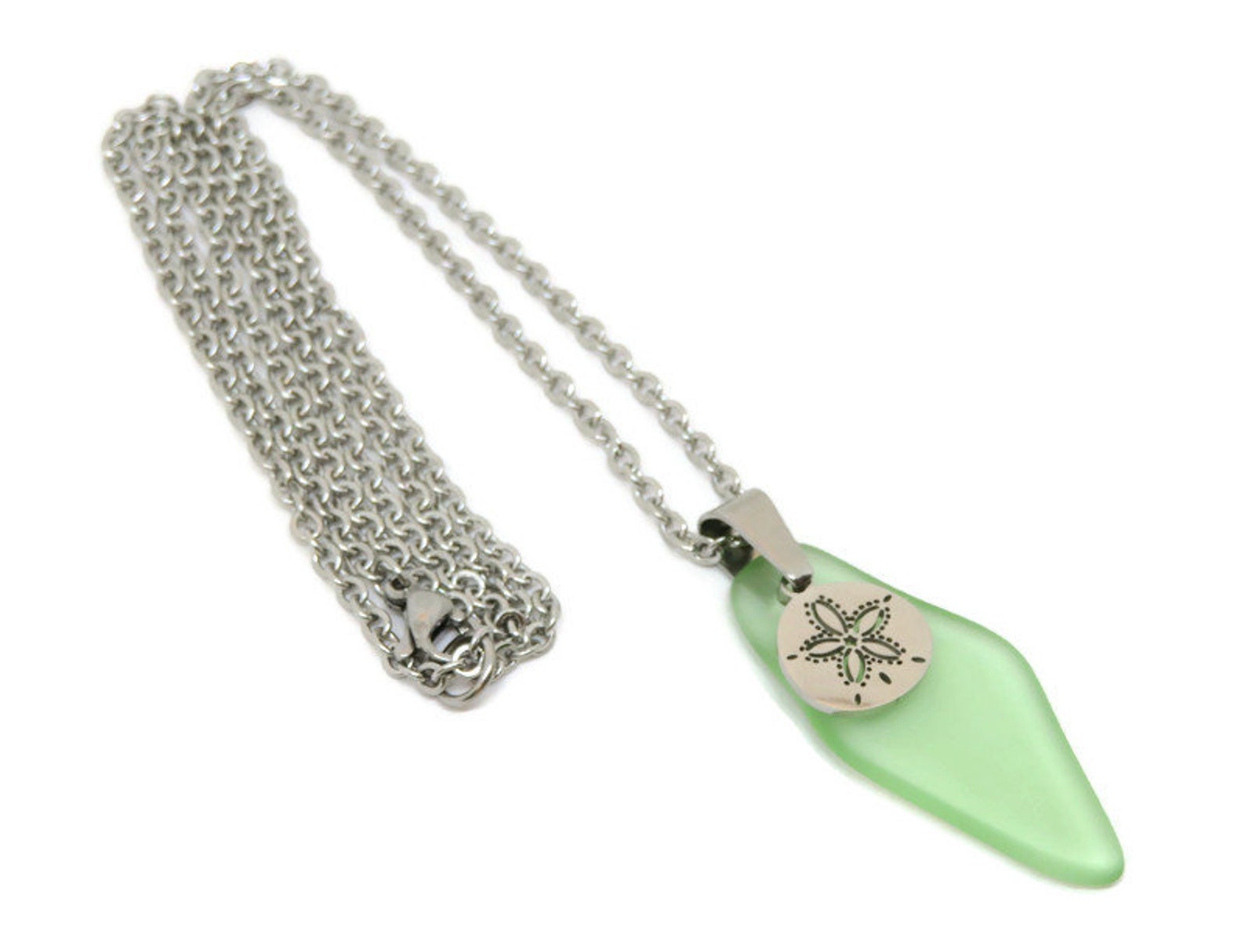Green Sea Glass Pendant Necklace, Sand Dollar Necklace, Stainless Steel ...
