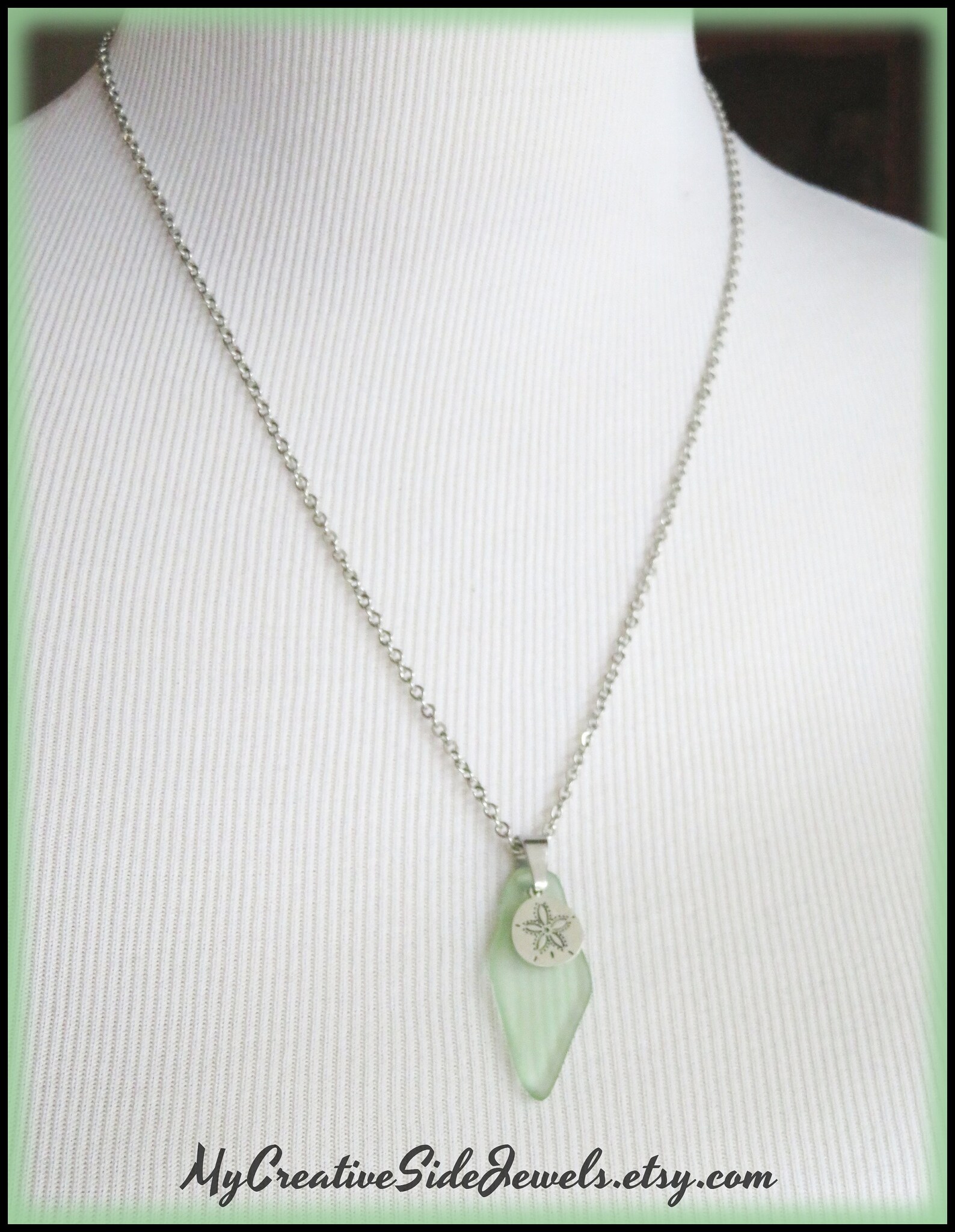 Green Sea Glass Pendant Necklace, Sand Dollar Necklace, Stainless Steel ...