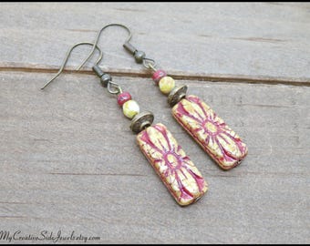 Boho Czech Glass Dangle Earrings: Red and Ivory Flower Style