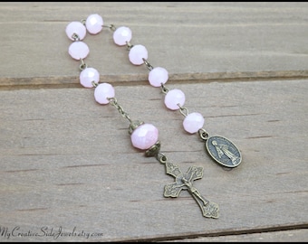 Pink Glass Pocket Rosary: One Decade Prayer Beads, Travel Protection