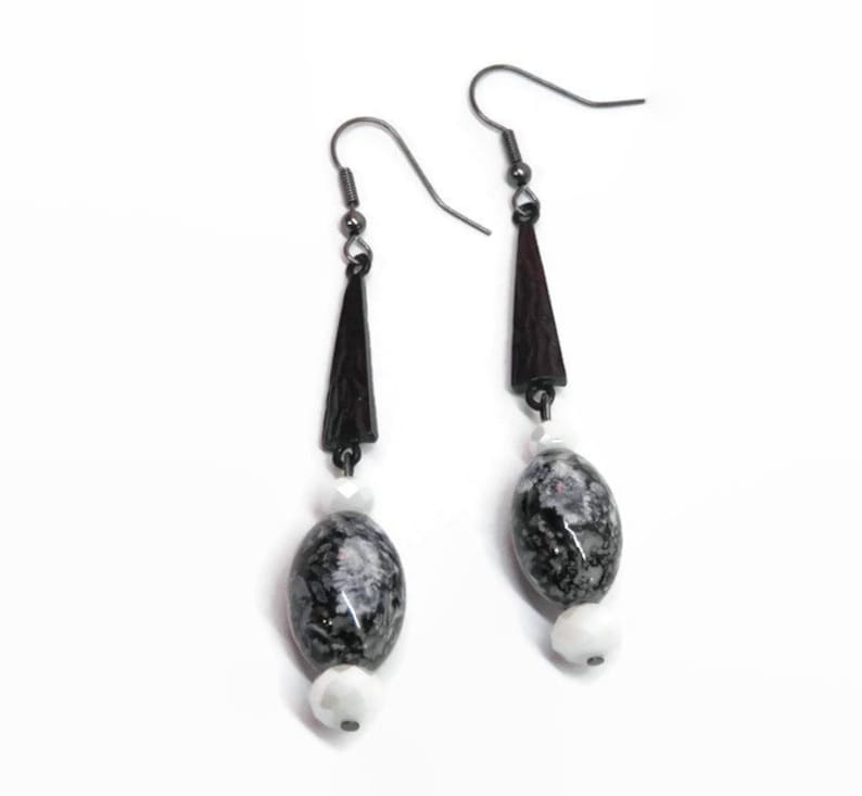 Art Deco Dangle Earrings: Gunmetal, Black & White Marbled Glass bild 4