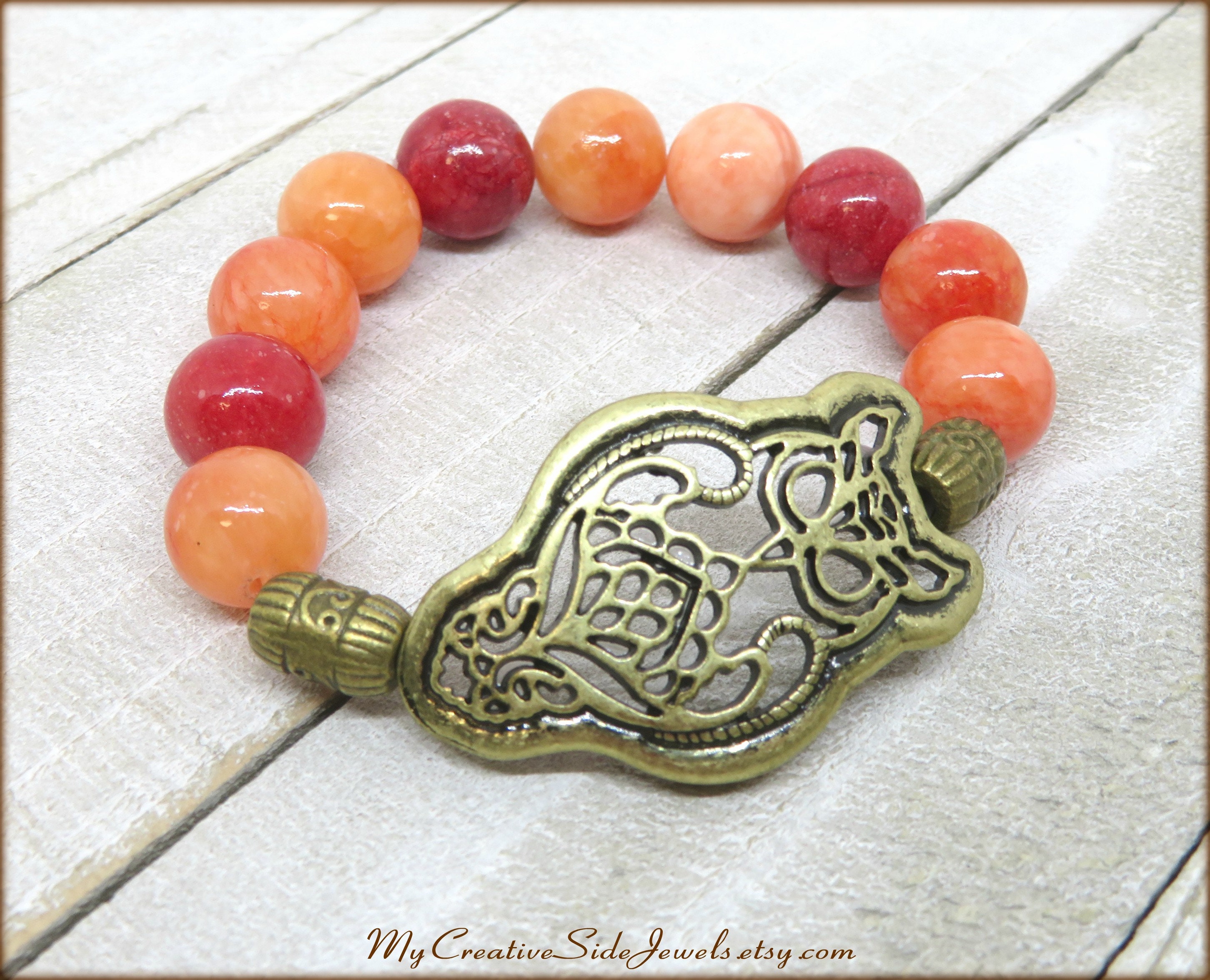Red Dyed Jade Owl Bracelet, Boho Chic Gemstone Bracelet, Owl Lover Gift, Fall Themed Jewelry, Nature