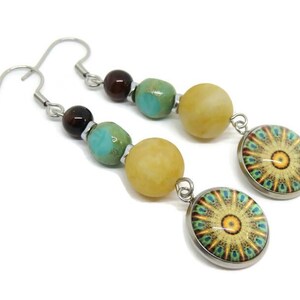 Yellow and Teal Mandala Earrings, Gemstone Czech Glass Earrings, Boho Chic Jewelry bild 3