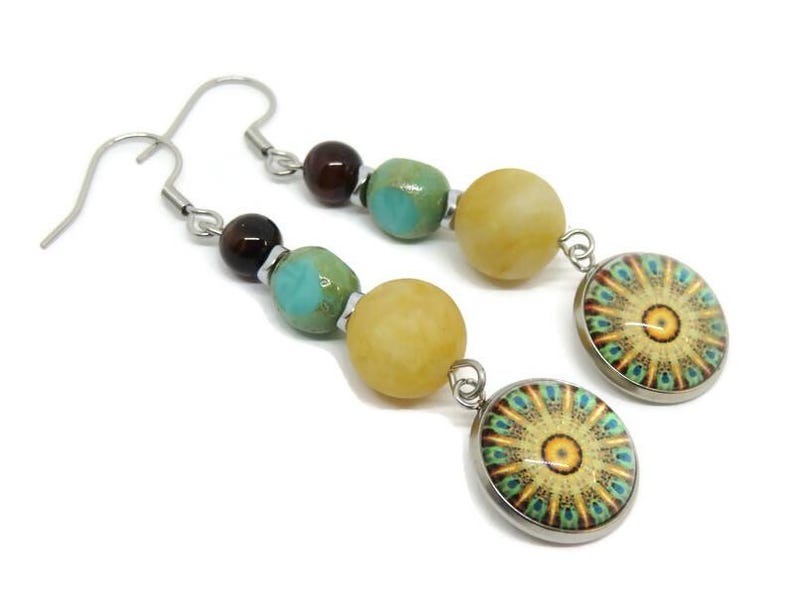 Yellow and Teal Mandala Earrings, Gemstone Czech Glass Earrings, Boho Chic Jewelry bild 3
