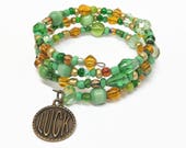 Green and Amber Luck Memory Wire Bracelet, Luck Charm Wrap Bracelet, Green Beaded Wrap Bracelet, St. Patrick's Day Charm Bracelet
