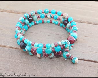 Teal Imperial Jasper Bracelet: Brown Tiger's Eye Boho Wrap