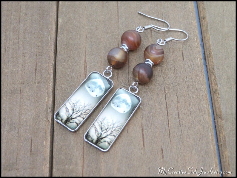 Coffee agate earrings with full moon night sky image charms.