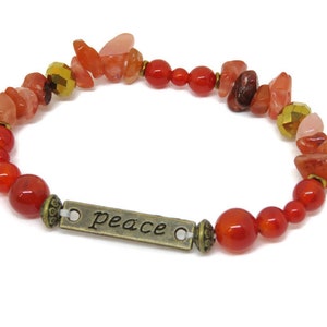 Stackable Orange Agate Gemstone Bracelet Set, Peace Bracelet, Word ...