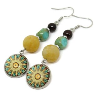 Yellow and Teal Mandala Earrings, Gemstone Czech Glass Earrings, Boho Chic Jewelry bild 5