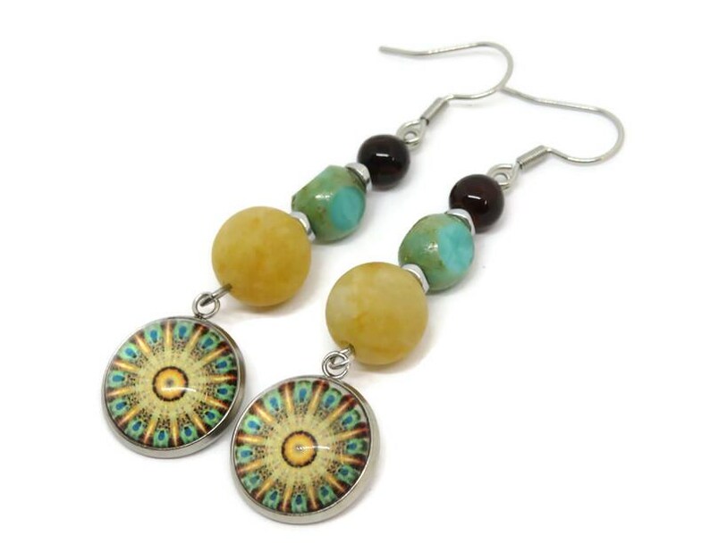 Yellow and Teal Mandala Earrings, Gemstone Czech Glass Earrings, Boho Chic Jewelry bild 5