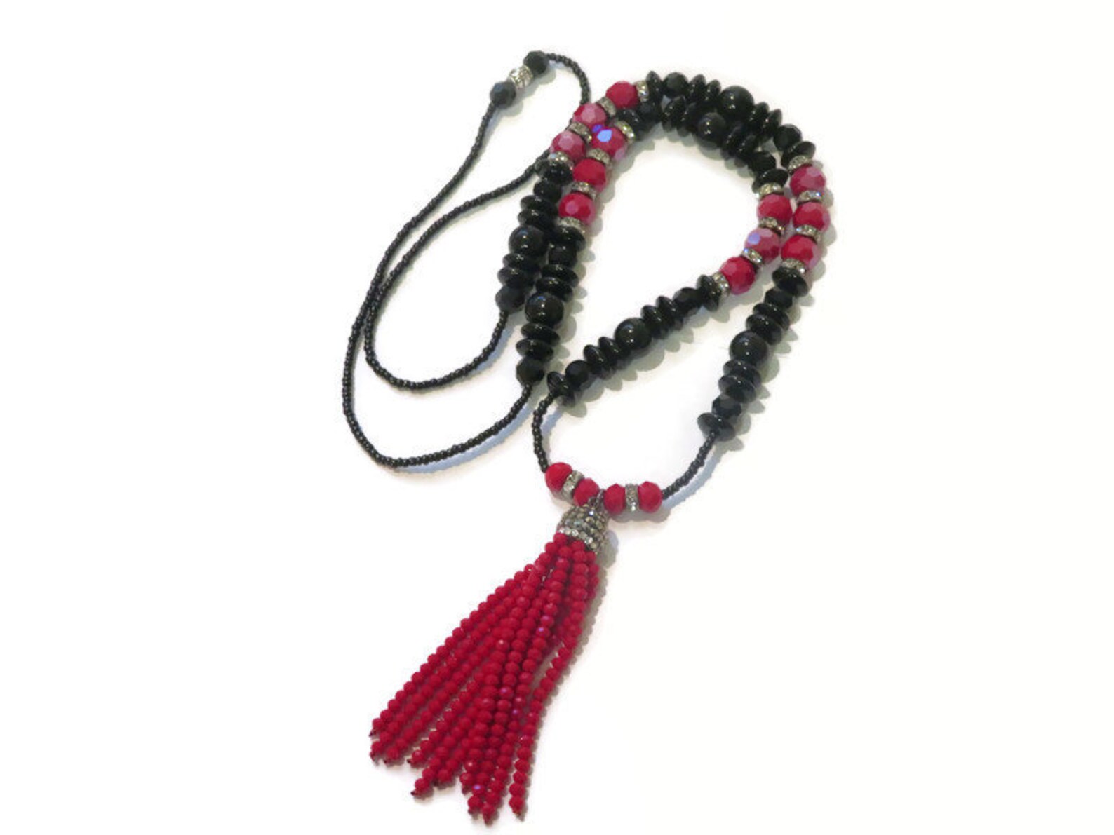 Red and Black Beaded Necklace Elegant Beaded Tassel Necklace Etsy