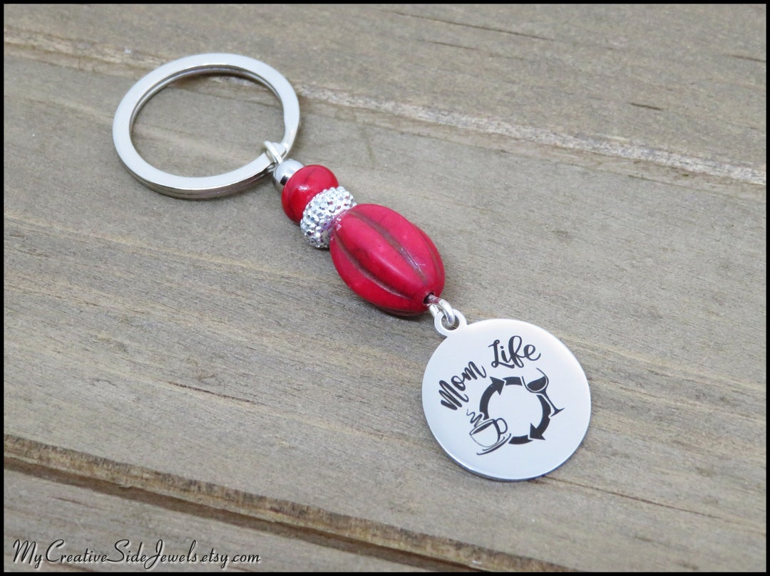 Mom Life Key Chain, Red Coffee Wine Key Ring, Mother's Day Gift, New