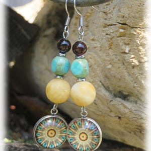 Yellow and Teal Mandala Earrings, Gemstone Czech Glass Earrings, Boho Chic Jewelry bild 6