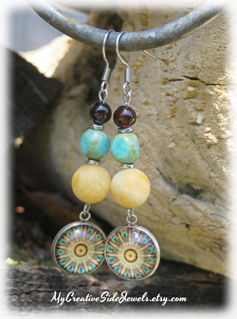 Yellow and Teal Mandala Earrings, Gemstone Czech Glass Earrings, Boho Chic Jewelry bild 6