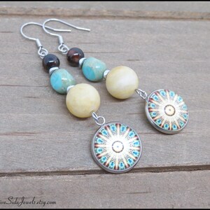 Yellow and Teal Mandala Earrings, Gemstone Czech Glass Earrings, Boho Chic Jewelry bild 2
