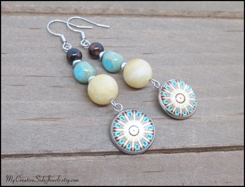 Yellow and Teal Mandala Earrings, Gemstone Czech Glass Earrings, Boho Chic Jewelry bild 2