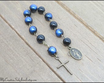 Black/Blue Glass Pocket Rosary: Travel Chaplet, Religious Gift