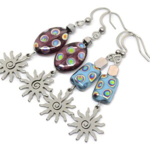 Sunburst Earrings, Blue Sun Earrings, Boho Chic Czech Glass Jewelry, Funky Unique Earrings, Spring Summer Fashion image 5