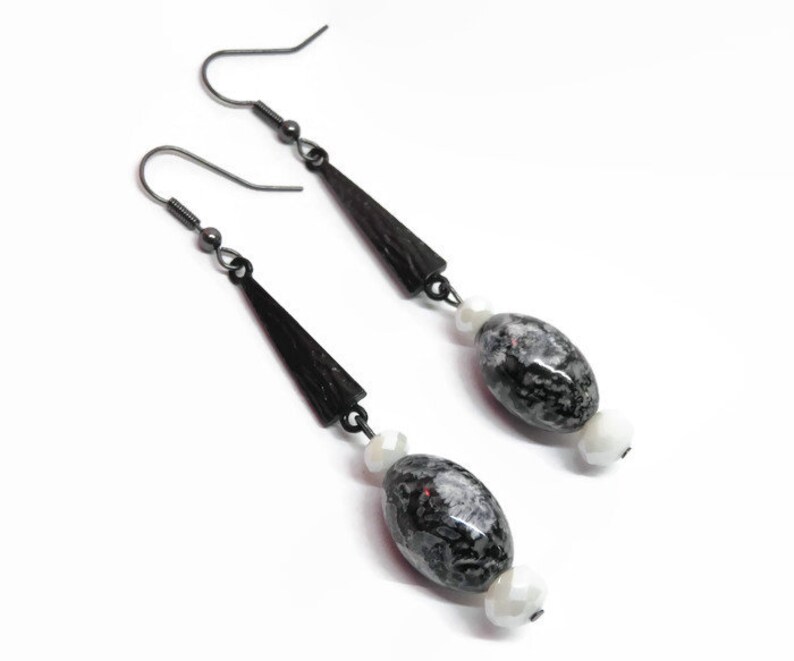 Art Deco Dangle Earrings: Gunmetal, Black & White Marbled Glass bild 2
