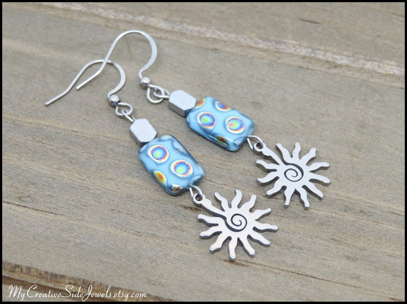 Sunburst Earrings, Blue Sun Earrings, Boho Chic Czech Glass Jewelry, Funky Unique Earrings, Spring Summer Fashion image 1