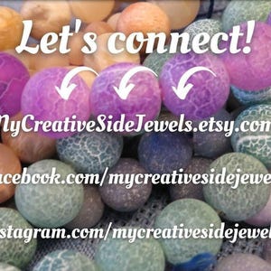 May include: A close-up of colorful, round beads in shades of purple, green, orange, and tan. The text "Let's connect!" is at the top, with Etsy, Facebook, and Instagram links below.