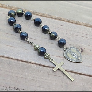 Black Glass Pocket Rosary: Gold Cross, Travel Prayer Beads