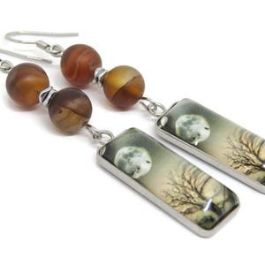 May include: A pair of dangle earrings with a silver tone finish. The earrings feature two brown agate beads and a rectangular charm with a moon and tree design.