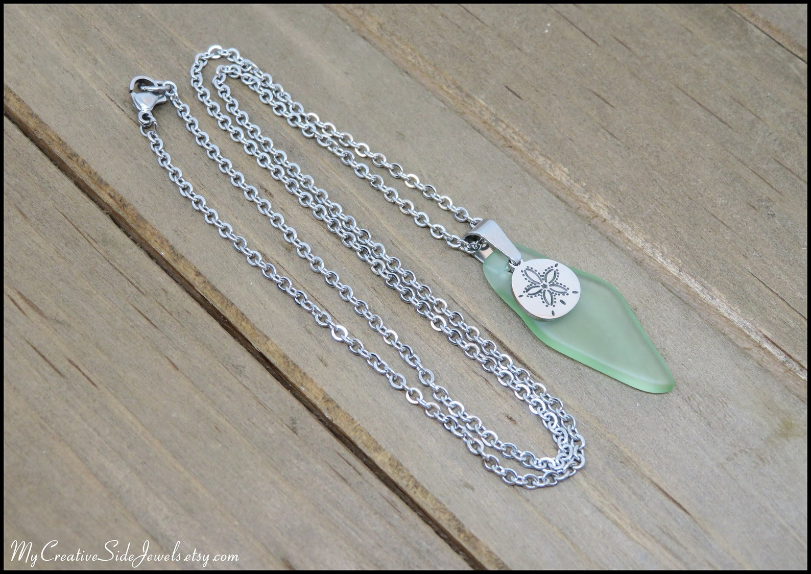 Green Sea Glass Pendant Necklace, Sand Dollar Necklace, Stainless Steel ...
