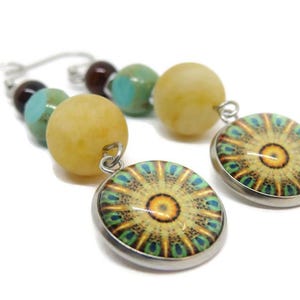 Yellow and Teal Mandala Earrings, Gemstone Czech Glass Earrings, Boho Chic Jewelry bild 4